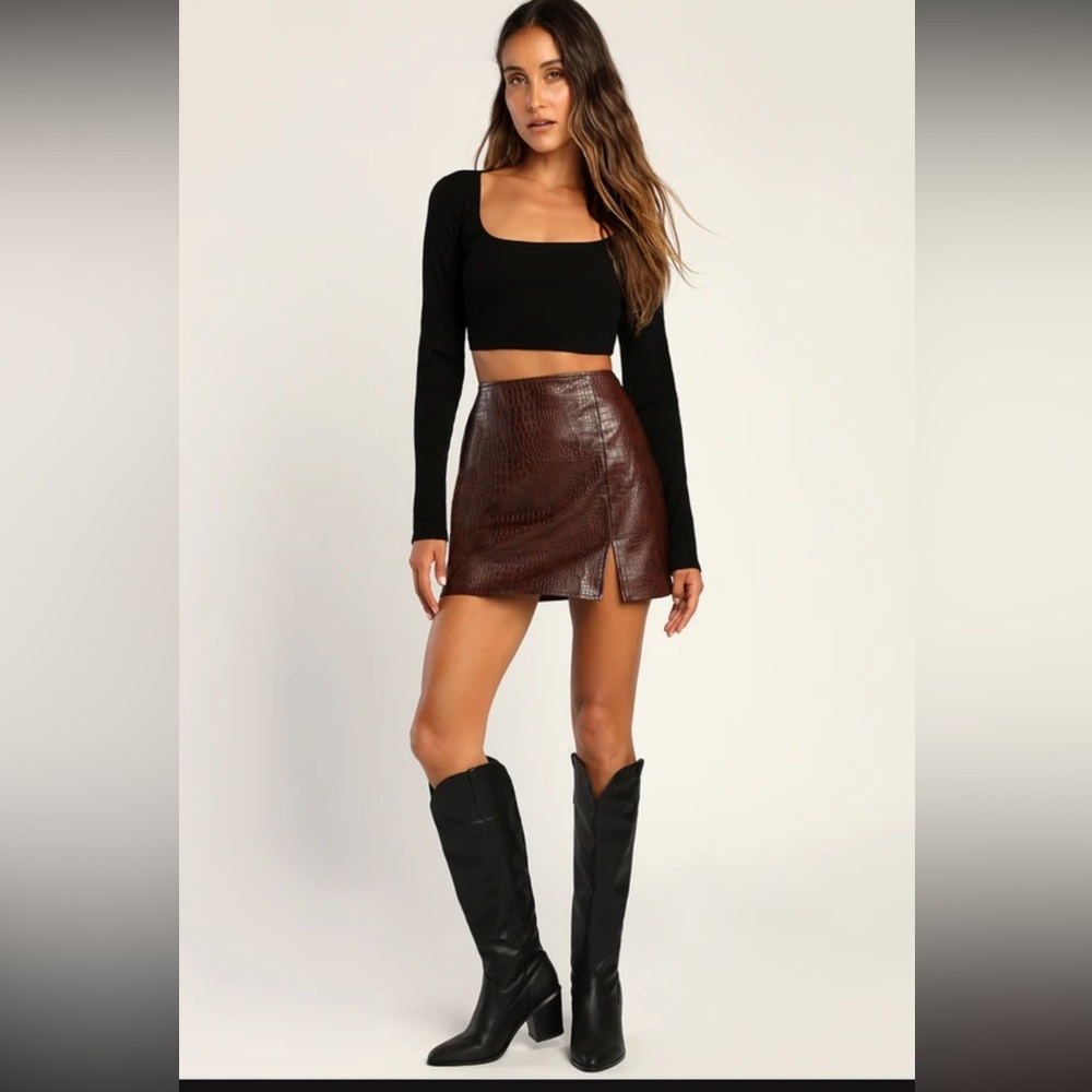 Croc and Roll Vegan Brown Leather Mini Skirt